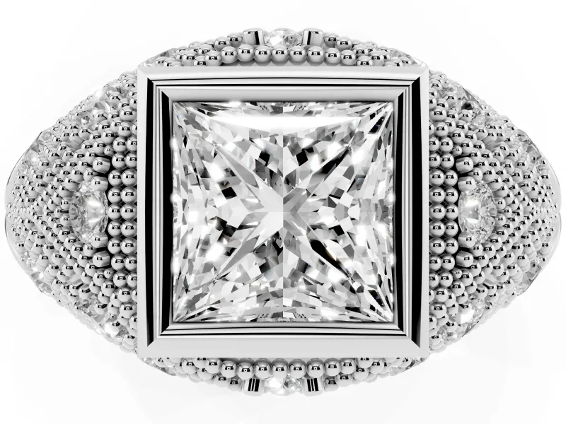 Princess Cut Diamond Bezel Ring Set in Silver with Milgrain Accent Band
