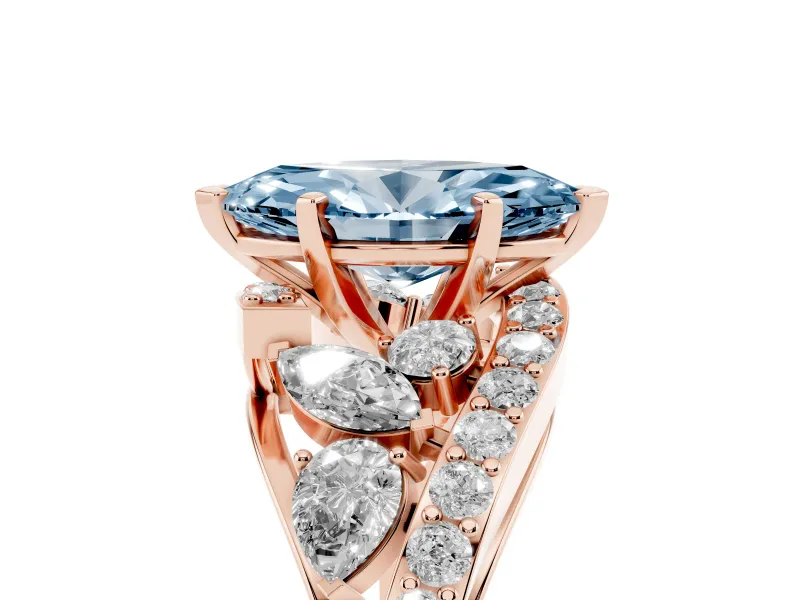 Fancy Blue Marquise Cut Diamond Halo Ring Set in Rose gold with Marquise and Pavé Band in Prong Setting