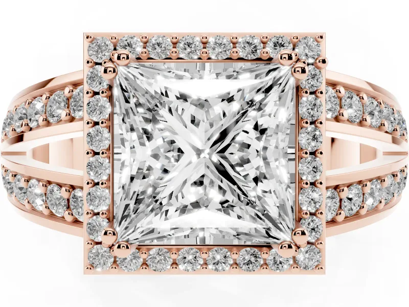 Princess Cut Halo Engagement Ring Setting | Two-Row Pave Split Shank | Rose Gold
