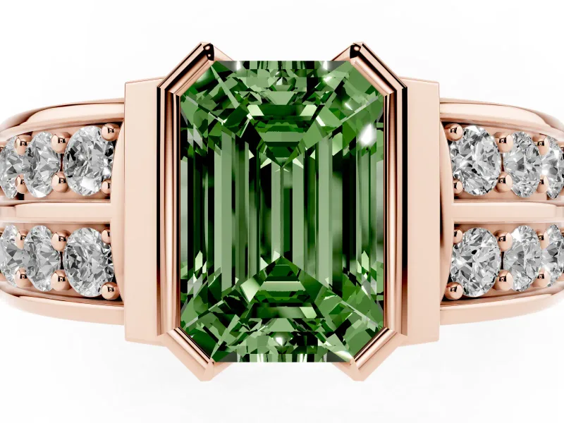 Emerald Cut Half Bezel Engagement Ring Setting for a Fancy Green Lab-Grown Diamond | Double Row Channel Band | Rose Gold