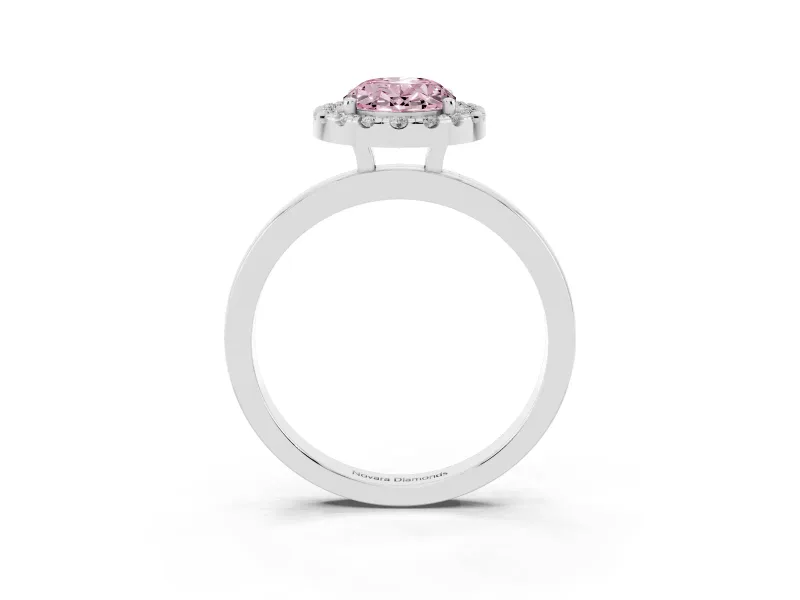 Fancy Pink Oval Cut Diamond Halo Solitaire Ring Set in Silver with Pavé Band and Prong Setting