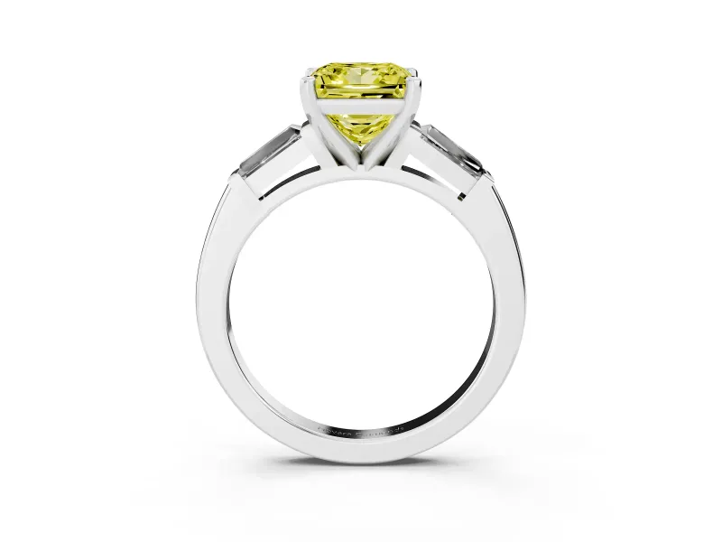 Fancy Yellow Princess Cut Diamond Solitaire Ring Set in Platinum with Tapered Baguette Side Stones and Prong Setting