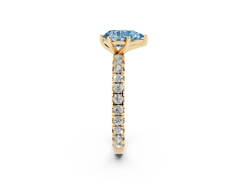 Fancy Blue Pear Cut Diamond Pavé Solitaire Ring Set in Yellow gold with Round Band and Prong Setting
