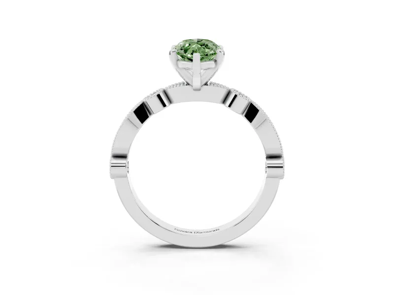 Fancy Green Marquise Cut Diamond Solitaire Engagement Ring Set in White gold with Milgrain Bezel Accent Band