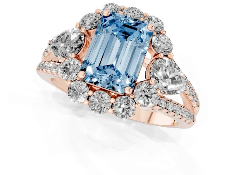 Emerald Cut Scalloped Halo Engagement Ring Setting for a Fancy Blue Lab-Grown Diamond | Pear Side Stones | Rose Gold