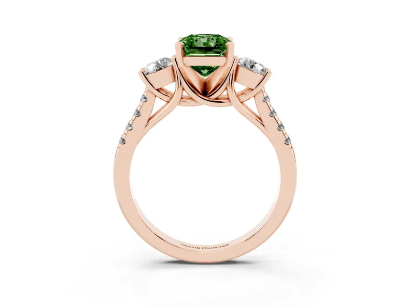 Fancy Green Three-Stone Radiant Cut Diamond Pavé Band Ring Set in Rose gold with Prong-Set Trio
