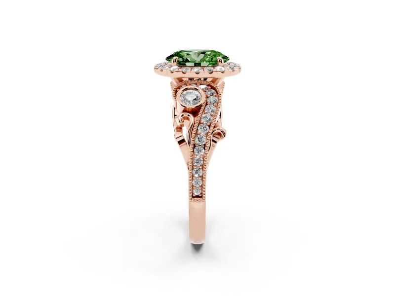 Oval Vintage Halo Engagement Ring Setting for a Fancy Green Lab-Grown Diamond | Bezel Shoulder Accents | Rose Gold