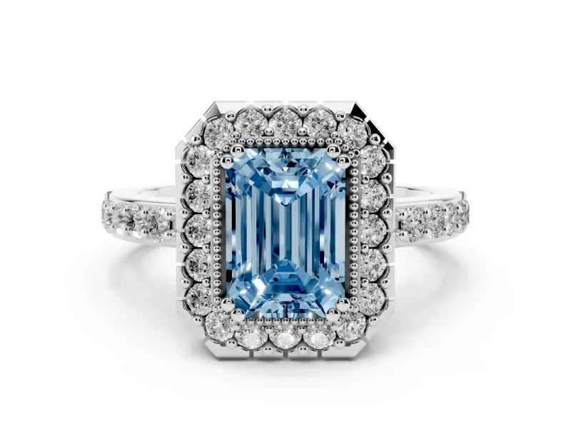 Fancy Blue Emerald Cut Diamond Halo Ring Set in White gold with Pavé Shank and Prong Setting