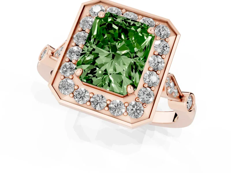 Radiant Cut Halo Engagement Ring Setting for a Fancy Green Lab-Grown Diamond | Bezel Station Shoulders | Rose Gold