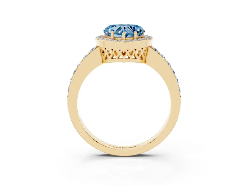 Fancy Blue Heart Cut Diamond Halo Ring Set in Yellow gold with Pavé-Setting Band and Open Prong Center