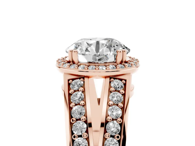 Round Halo Engagement Ring Setting | Two-Row Pave Split Shank | Rose Gold