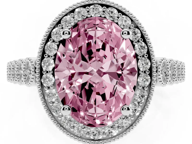 Fancy Pink Oval Cut Diamond Milgrain Halo Solitaire Ring Set in White gold with Bezel Set Side Stones and Pavé Band