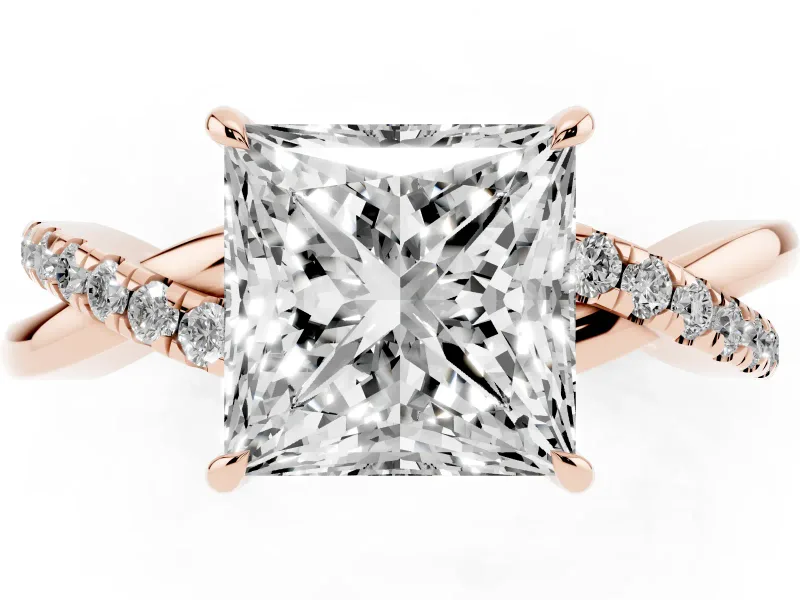 Princess Cut Crossover Pave Solitaire Engagement Ring Setting | Twisted Shoulders | Rose Gold
