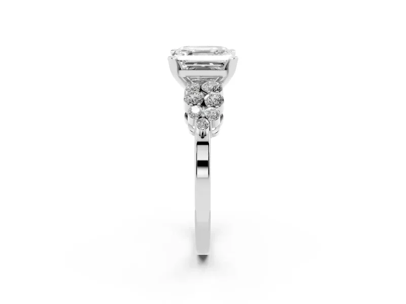Asscher Cut Diamond Cluster Engagement Ring Set in Silver with Pavé Band and Prong Setting