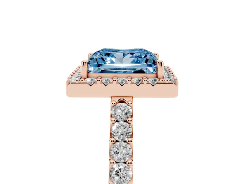 Princess Cut Halo Engagement Ring Setting for a Fancy Blue Lab-Grown Diamond | Single Row Pavé Band | Rose Gold