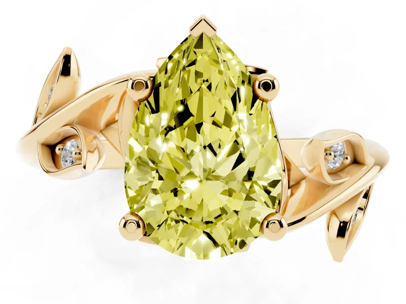 Fancy Yellow Pear Cut Diamond Solitaire Twist Engagement Ring Set in Yellow gold with Pavé Leaf Accents