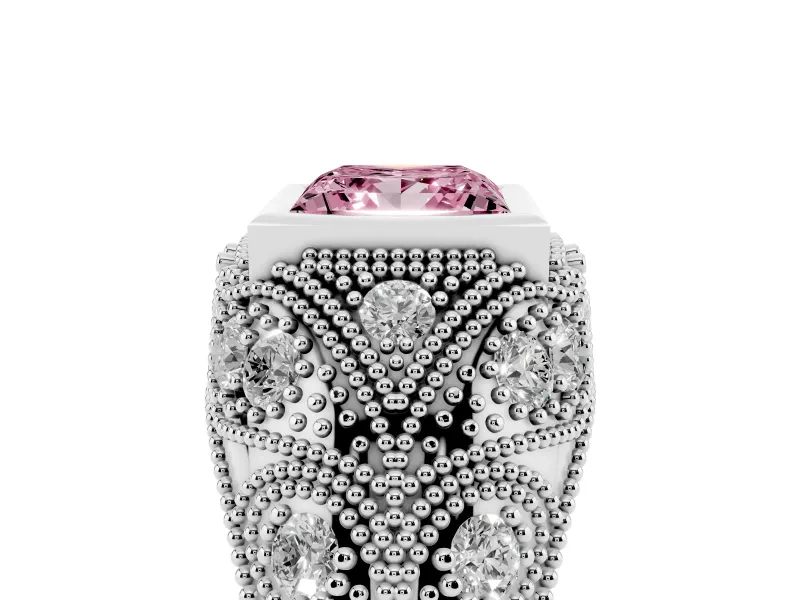 Fancy Pink Princess Cut Diamond Bezel Ring Set in Platinum with Milgrain Accent Band
