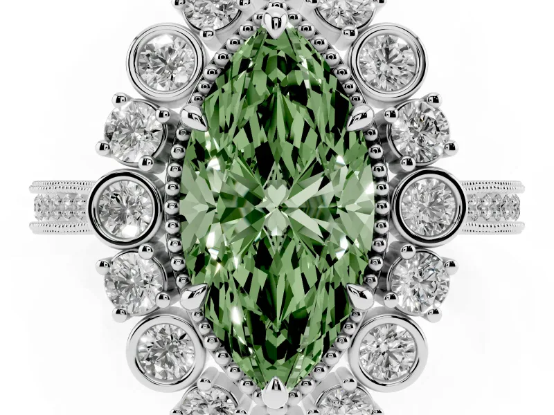 Fancy Green Marquise Cut Diamond Halo Milgrain Pavé Ring Set in Silver with Prong Setting