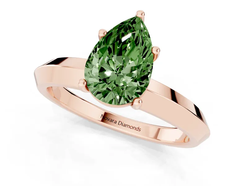 Fancy Green Pear Cut Diamond Solitaire Engagement Ring Set in Rose gold with Flat Band and Prong Setting