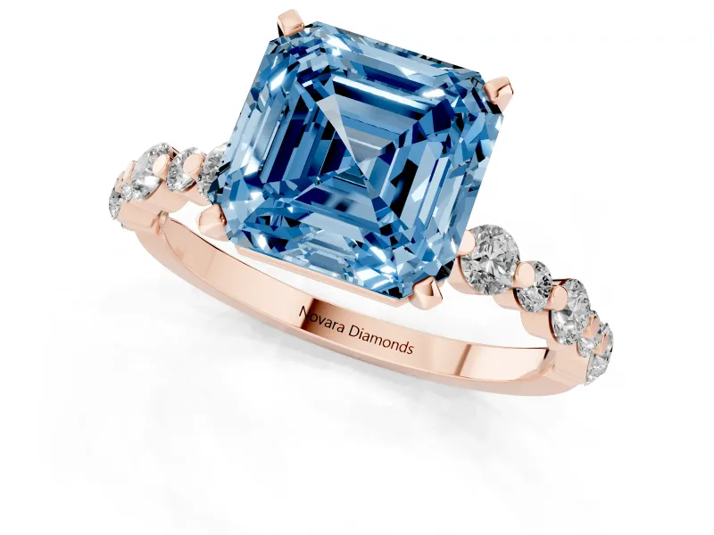Fancy Blue Asscher Cut Diamond Prong Set Engagement Ring Set in Rose gold with Round Accent Pavé Band