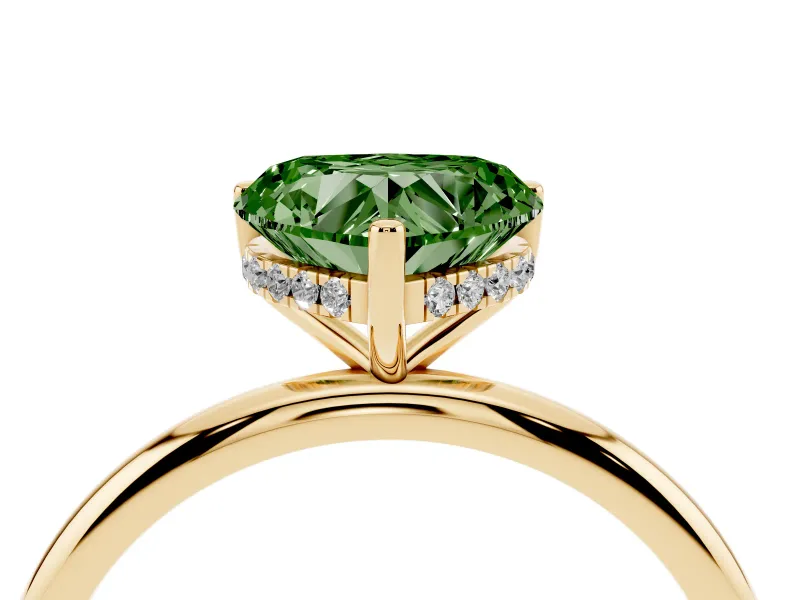 Fancy Green Heart Cut Diamond Solitaire Engagement Ring Set in Yellow gold with Prong Setting and Polished Band