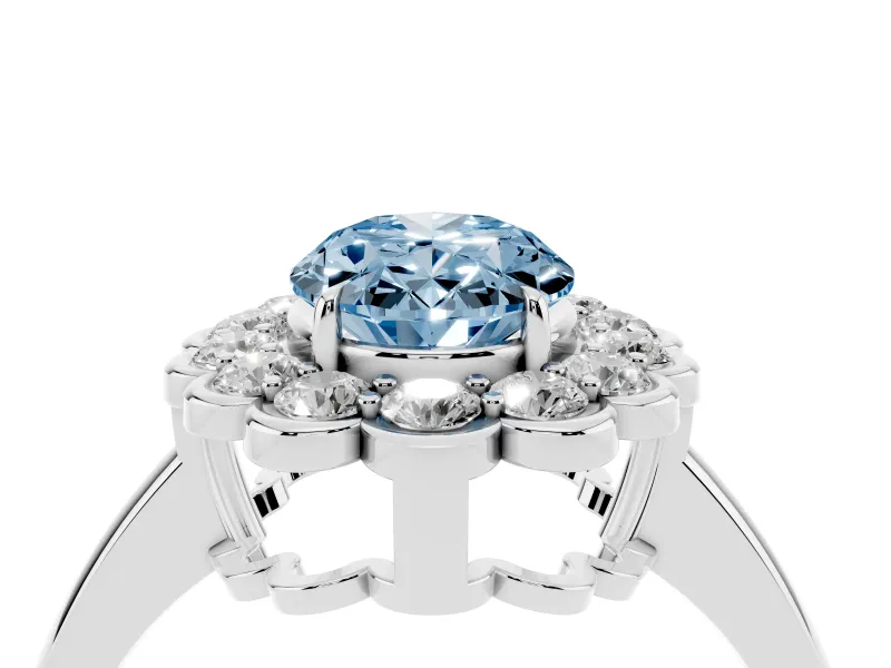 Oval Scalloped Cluster Halo Engagement Ring Setting for a Fancy Blue Lab-Grown Diamond | Plain Band | Platinum