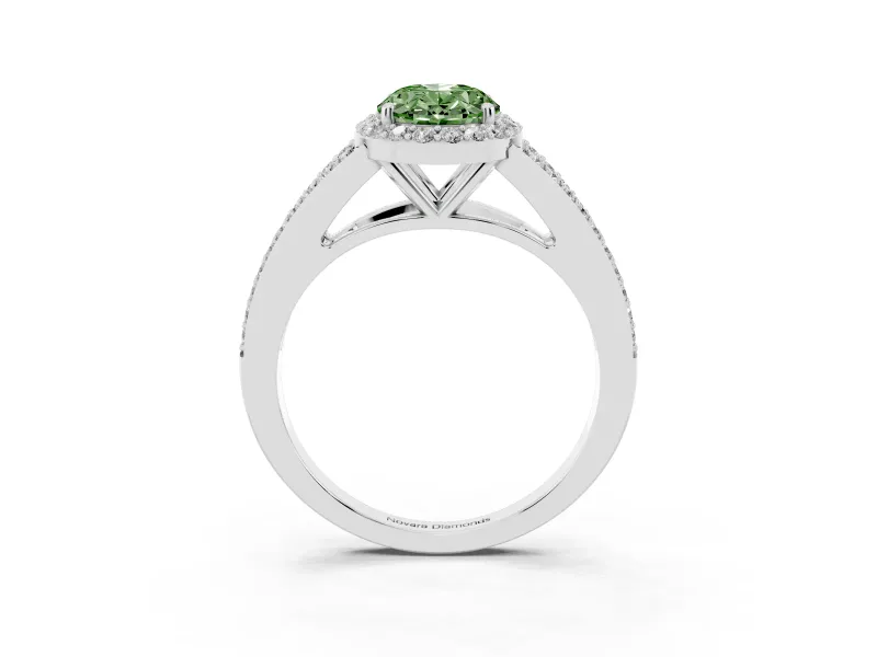 Fancy Green Oval Cut Diamond Halo Split Shank Pavé Ring Set in White gold with Prong Setting