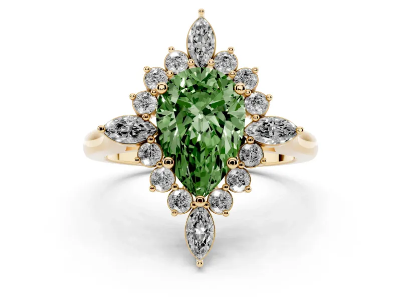 Fancy Green Pear Cut Diamond Cluster Halo Ring Set in Yellow gold with Marquise and Round Accents