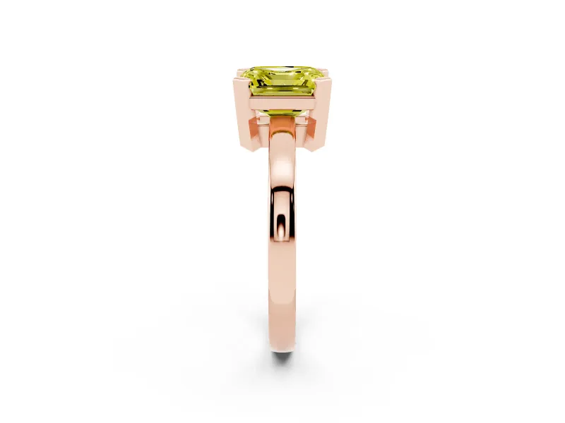 Fancy Yellow Asscher Cut Diamond Solitaire Ring Set in Rose gold with Prong Head and Smooth Polished Band