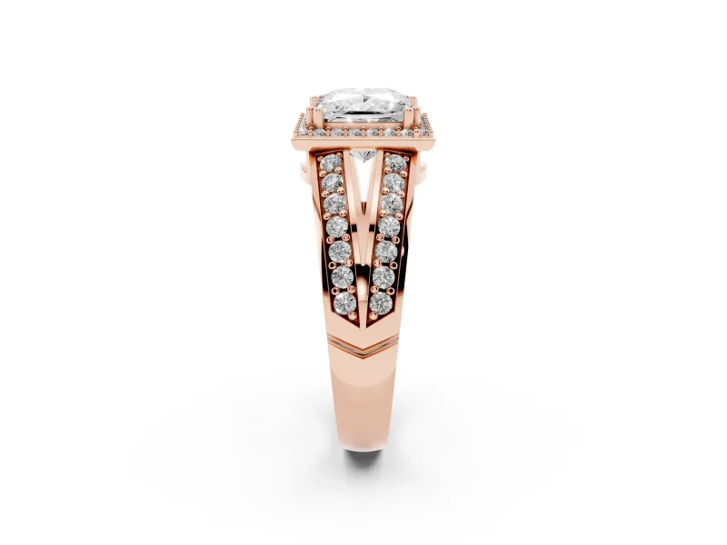 Princess Cut Halo Engagement Ring Setting | Two-Row Pave Split Shank | Rose Gold