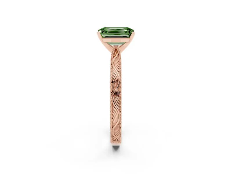 Fancy Green Emerald Cut Diamond Solitaire Milgrain Engraved Band Set in Rose gold with Prong Setting