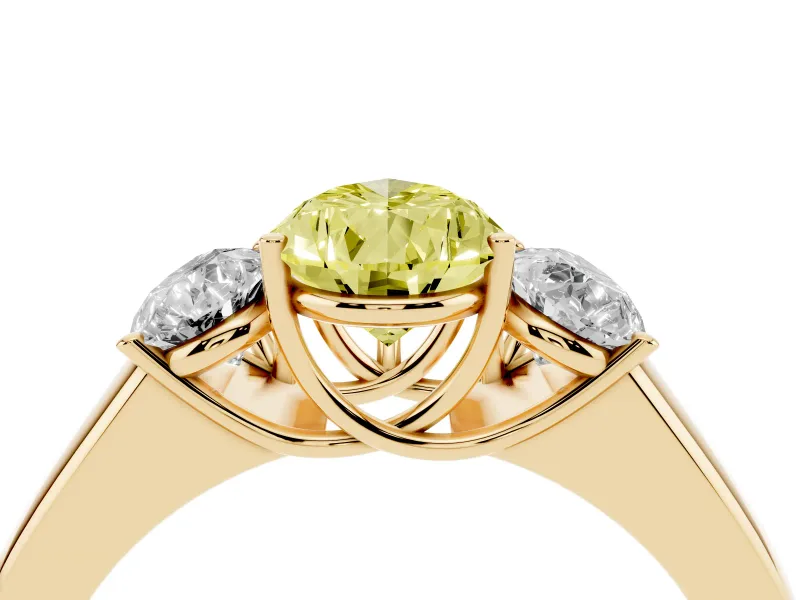 Fancy Yellow Three-Stone Pear Cut Diamond Ring Set in Yellow gold with Matching Prong Settings and Plain Band