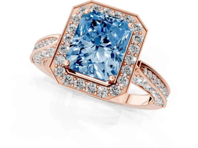 Radiant Cut Milgrain Halo Engagement Ring Setting for a Fancy Blue Lab-Grown Diamond | Side Stones | Rose Gold