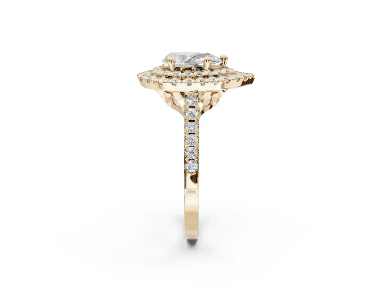 Pear-Shaped Double Halo Engagement Ring Setting | Pave Shoulders | Yellow Gold