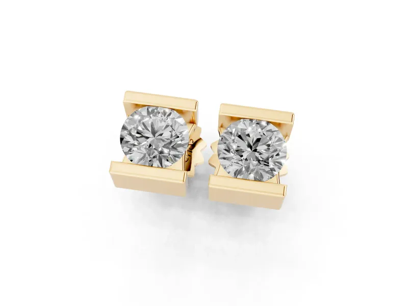 Round Lab-Grown Diamond Bar Set Solitaire Stud Earrings | Open Sides | Yellow Gold