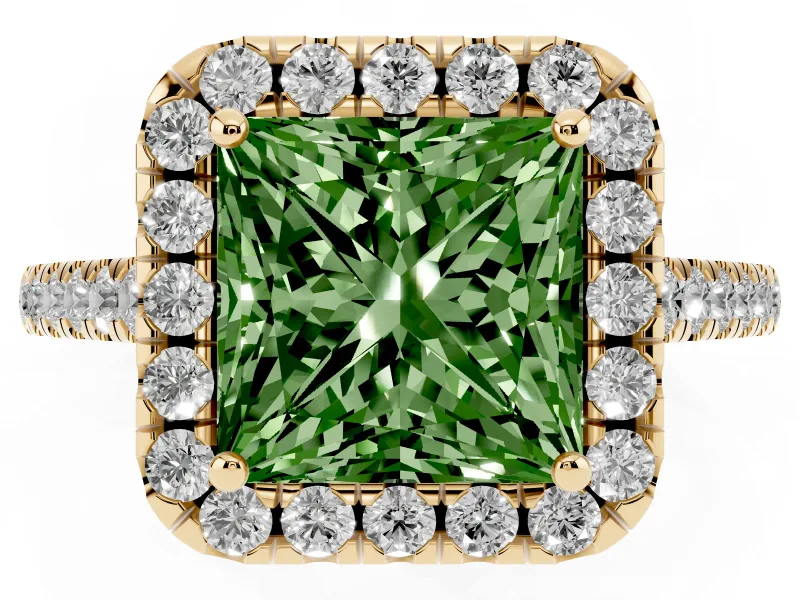Princess Cut Raised Halo Engagement Ring Setting for a Fancy Green Lab-Grown Diamond | Yellow Gold
