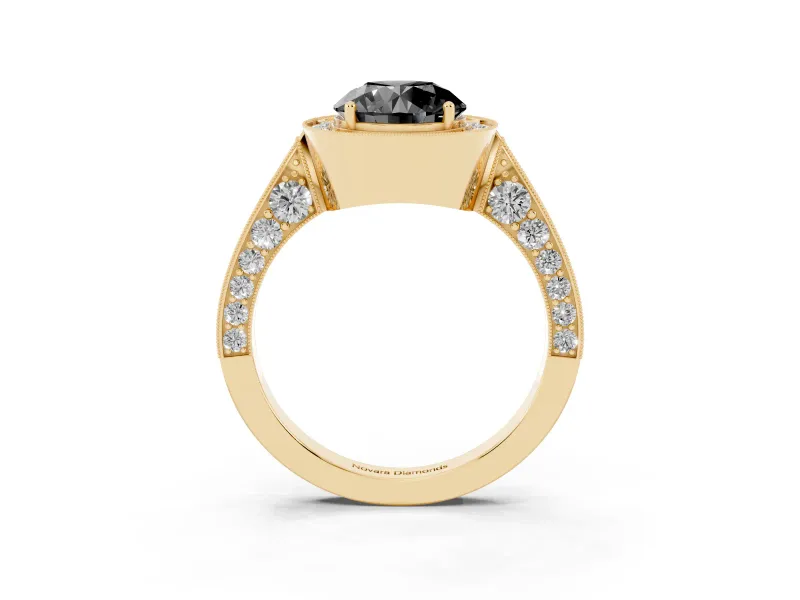 Round Milgrain Halo Engagement Ring Setting for a Black Center | Side Stones | Yellow Gold