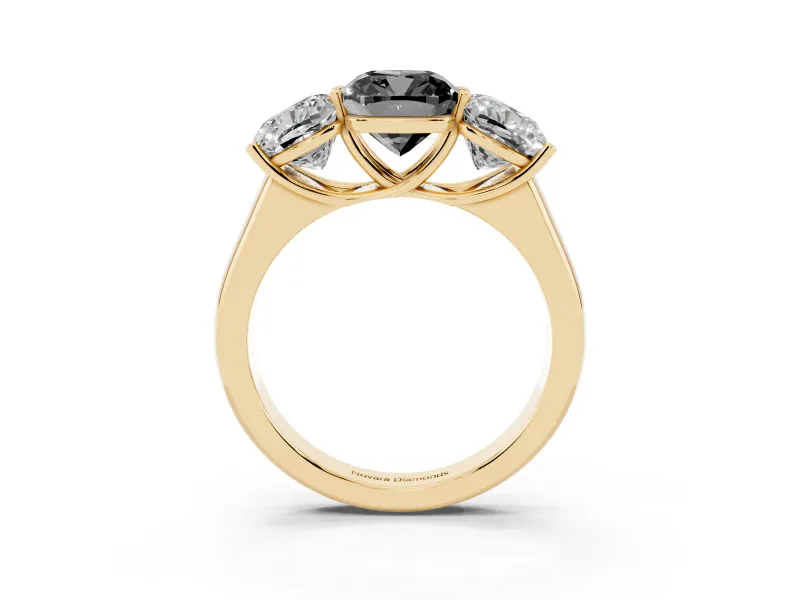 Cushion Cut Three Stone Engagement Ring Setting for a Black Center | Basket Prong Heads | Yellow Gold