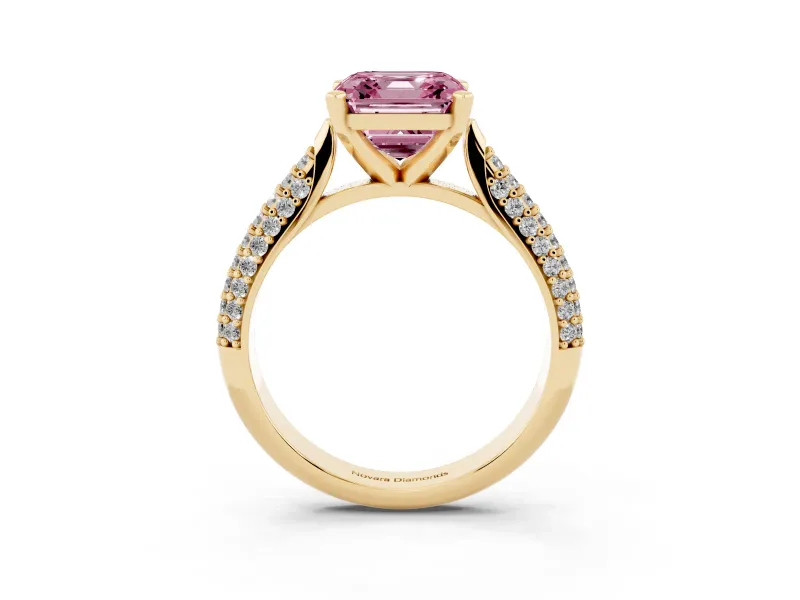 Fancy Pink Asscher Cut Diamond Solitaire Engagement Ring Set in Yellow gold with Multi-Row Round Pavé Band and Prong Setting