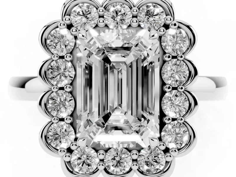 Emerald Cut Scalloped Cluster Halo Engagement Ring Setting | Plain Band | White Gold