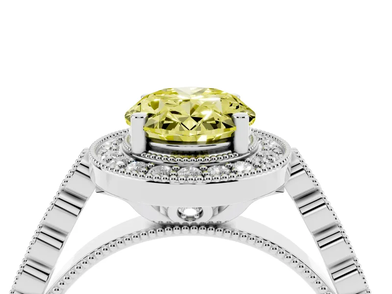 Fancy Yellow Oval Cut Diamond Milgrain Halo Solitaire Ring Set in White gold with Bezel Set Side Stones and Pavé Band