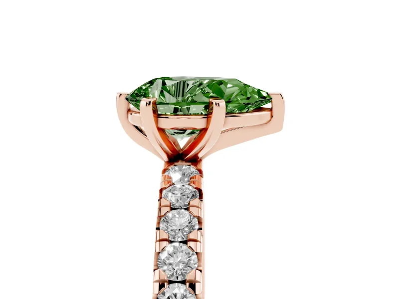 Fancy Green Pear Cut Diamond Pavé Solitaire Ring Set in Rose gold with Round Band and Prong Setting