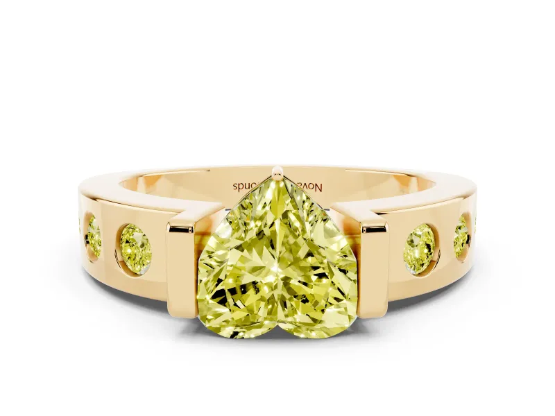 Fancy Yellow Heart Cut Diamond Channel-Set Band Ring Set in Yellow gold with Bezel Prong Setting