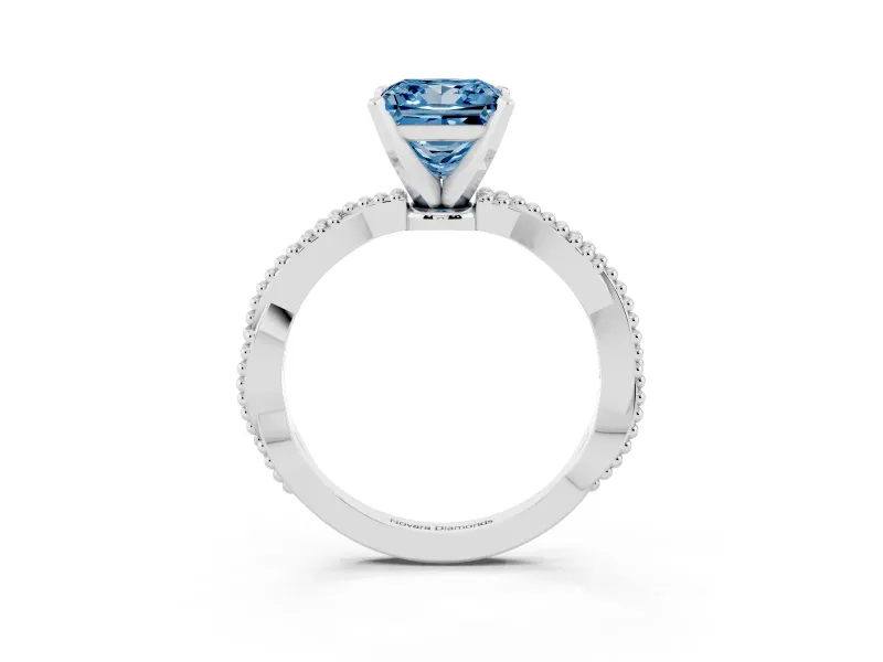 Fancy Blue Princess Cut Diamond Solitaire Ring Set in Platinum with Twisted Band and Bead Prong Setting