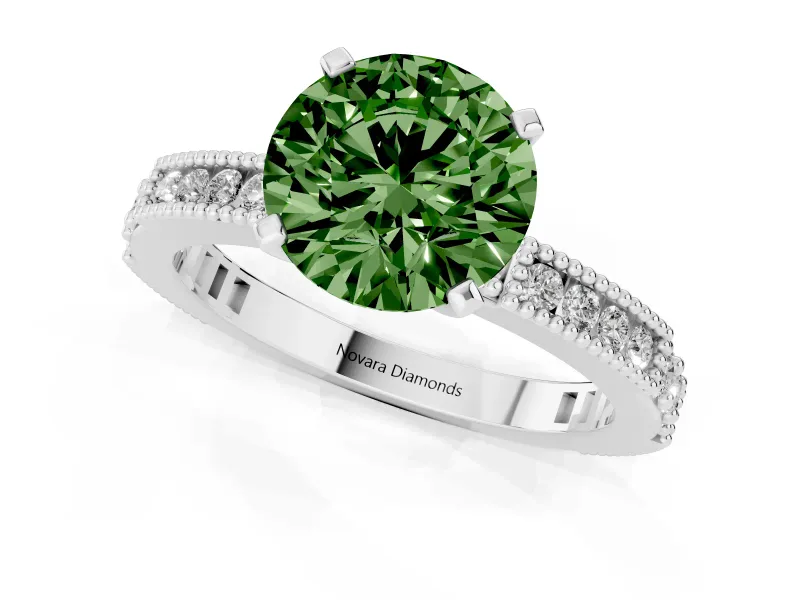 Fancy Green Round Cut Diamond Solitaire Ring Set in White gold with Slim Pavé Band and Prong Setting