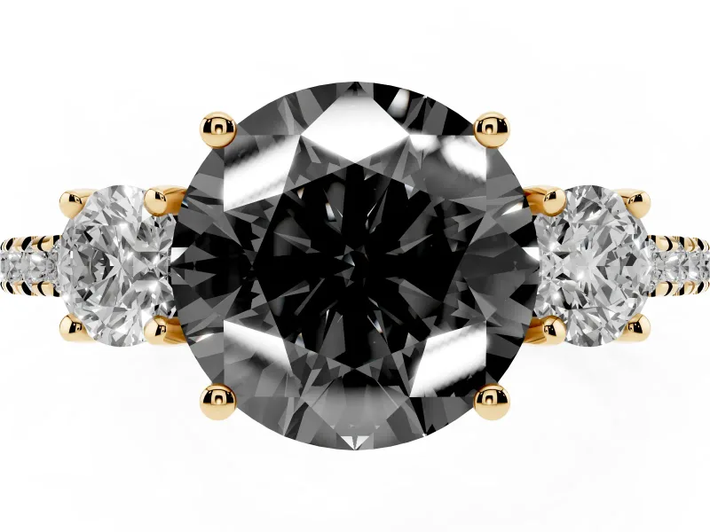 Fancy Black Round Cut Diamond Three-Stone Ring Set in Yellow gold with Pavé Band and Graduated Sides