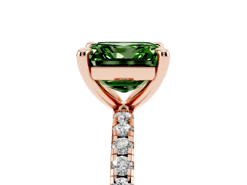 Fancy Green Asscher Cut Diamond Brilliant Solitaire Ring Set in Rose gold with Pavé Band and Prong Setting