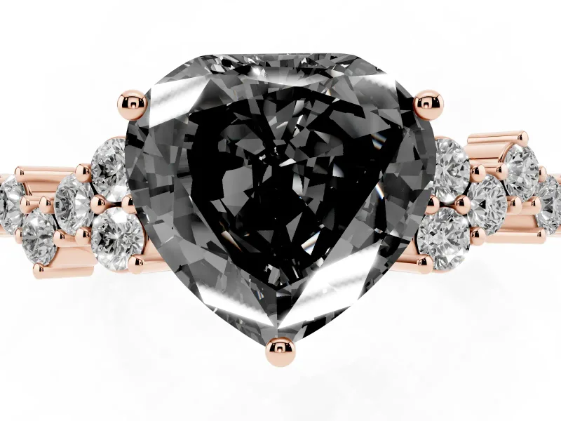 Heart-Shaped Scattered Accent Engagement Ring Setting for a Black Center | Slim Band | Rose Gold
