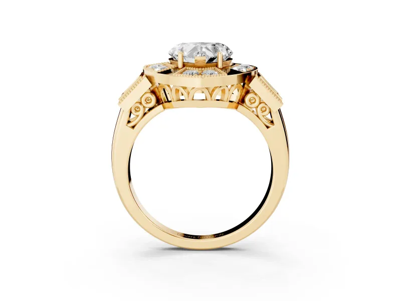 Heart Cut Diamond Milgrain Halo Ring Set in Yellow gold with Split Shank