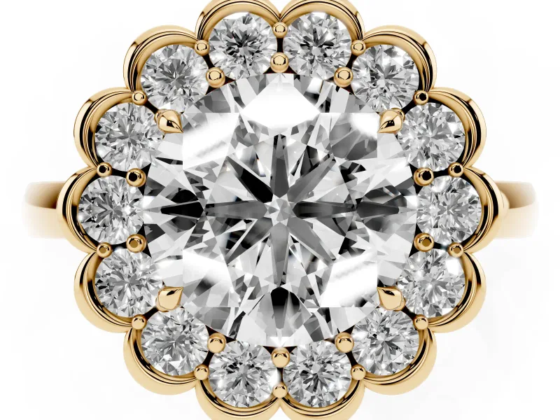 Round Scalloped Cluster Halo Engagement Ring Setting | Plain Band | Yellow Gold